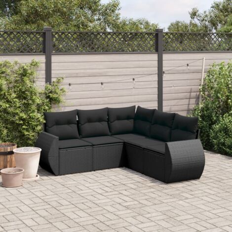 Ensemble Salon Jardin 5 Places Noir Résine Tressée avec Coussins - Canapé d'Angle + 2 Sièges Centraux + 2 Canapés Accoudoirs (1/4)