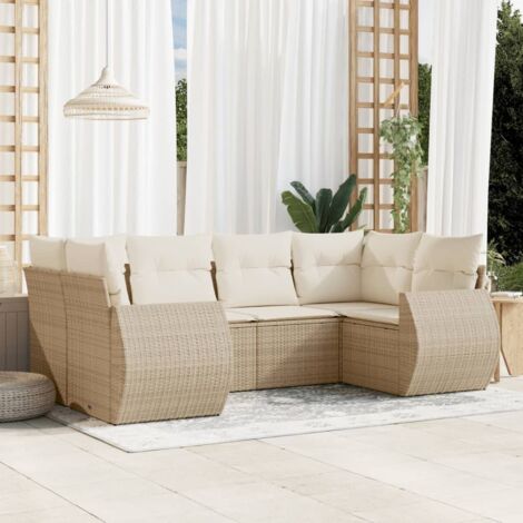 Ensemble Salon Jardin 6 Places Résine Tressée Beige avec Coussins Amovibles et Rangement Intégré (1/3)