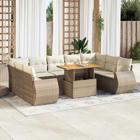Ensemble Salon Jardin 10 Places Résine Tressée Beige avec Coussins, Table Réglable et Rangement Modulaire (1/4)