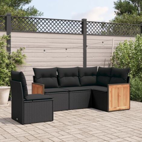 Ensemble Salon Jardin 5 Places Noir Résine Tressée avec Coussins - Canapé d'Angle + 2 Fauteuils + 2 Bancs - Meuble Extérieur Modulaire (1/4)