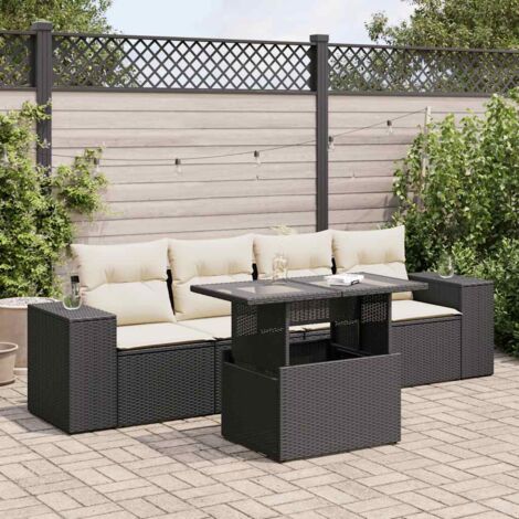 Salon de Jardin 5 Places Noir Résine Tressée avec Table Réglable et Coussins Crème - Ensemble Modulaire avec Rangement Intégré (1/4)