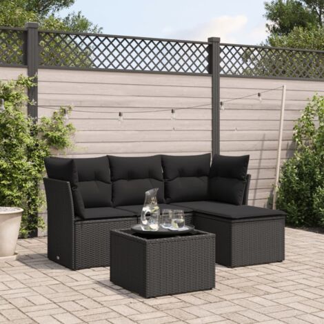 Salon de jardin 5 places en résine tressée noir avec table verre trempé et rangements intégrés (1/3)