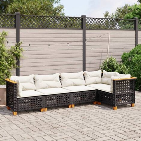 Ensemble Salon Jardin 5 Places Noir Résine Tressée avec Coussins Crème - Canapé d'Angle Modulaire (1/4)