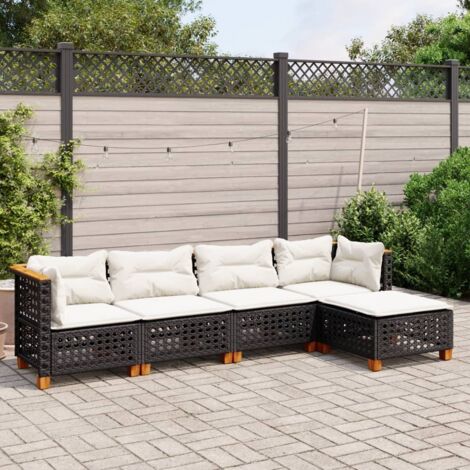 Ensemble Salon Jardin 5 Places Résine Tressée Noir avec Coussins Crème - Canapé d'Angle Modulaire (1/4)