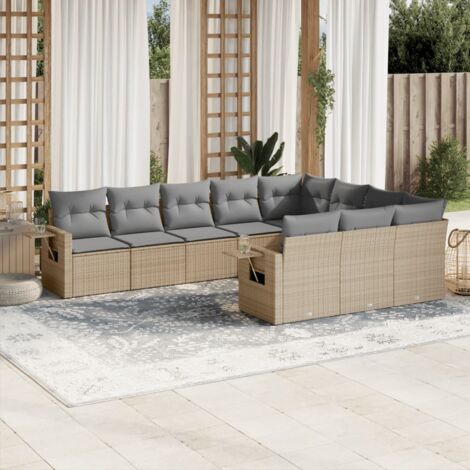 Ensemble Salon Jardin 10 Places Résine Tressée Beige avec Coussins Gris - Mobilier Extérieur Modulaire Tables Intégrées (1/4)