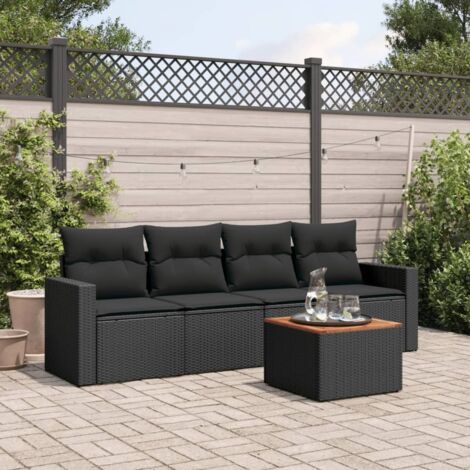 Ensemble Salon Jardin 5 Places Noir Résine Tressée avec Coussins et Table Acacia (1/3)