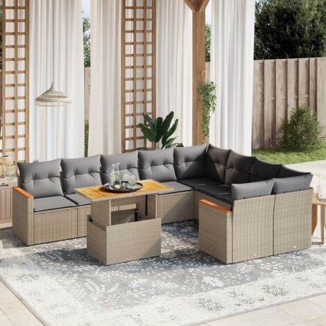 Ensemble Salon Jardin 10 Places Résine Tressée Beige avec Coussins Gris Modulable Table Réglable (1/3)