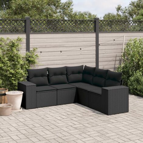 Ensemble Salon Jardin 5 Places Noir Résine Tressée avec Coussins et Rangement Modulaire (1/3)