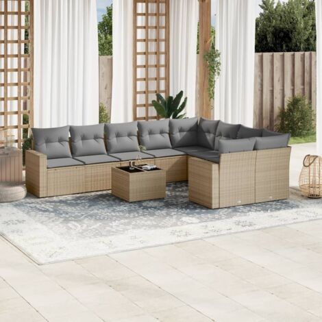 Ensemble Salon Jardin 10 Places Résine Tressée Beige avec Coussins Gris, Table Verre Trempé, Stockage Intégré, Modulaire (1/3)