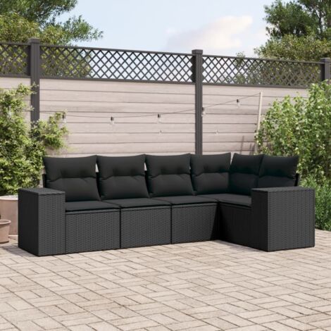 Ensemble salon jardin 5 places résine tressée noir avec coussins - Canapé d'angle, central et accoudoirs - Mobilier terrasse modulaire (1/4)