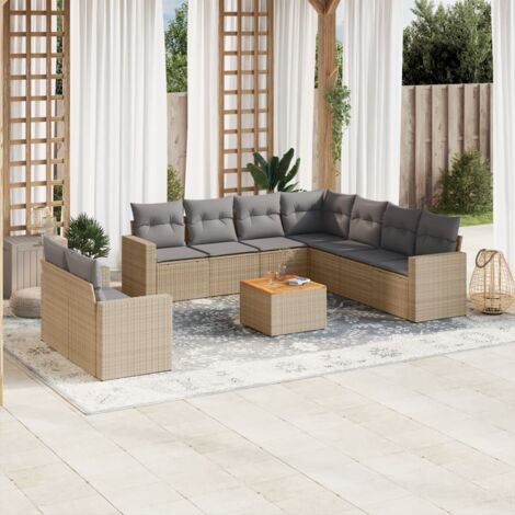 Ensemble Salon Jardin 10 Places Résine Tressée Beige avec Coussins Gris - Canapé d'Angle, Table Acacia, Mobilier Extérieur Modulaire (1/3)