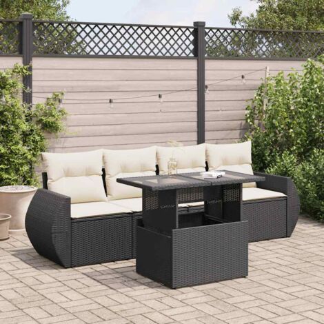 Ensemble Salon Jardin 5 Places Noir Résine Tressée avec Table Réglable et Coussins Crème (1/4)