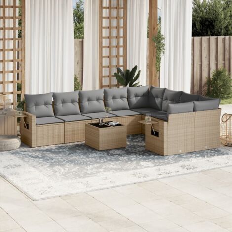 Ensemble Salon Jardin 10 Places Résine Tressée Beige avec Coussins Gris - Table Verre Trempé - Modulaire (1/4)