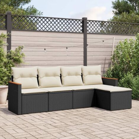 Ensemble Salon Jardin 5 Places Noir Résine Tressée avec Coussins Crème - 2 Sièges Centraux, 2 Sièges d'Angle Acacia, 1 Repose-Pieds - Stockage Intégré (1/3)