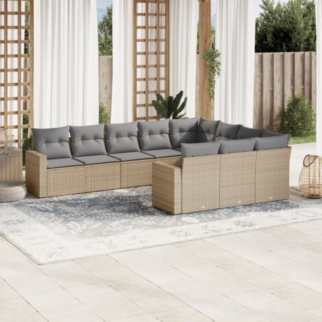 Ensemble Salon Jardin 10 Places Résine Tressée Beige avec Coussins Gris Modulable (1/4)