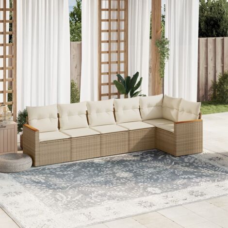 Ensemble Salon Jardin 6 Places Résine Tressée Beige avec Coussins Amovibles et Espace Rangement (1/3)