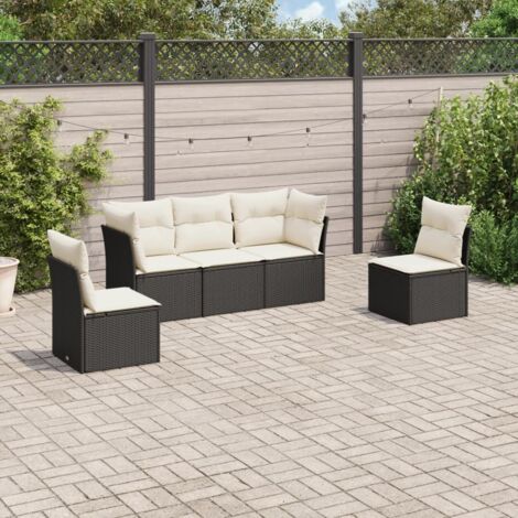 Ensemble Salon Jardin 5 Places Noir Résine Tressée avec Coussins Crème - Canapé d'Angle Modulaire Rangement Intégré (1/3)