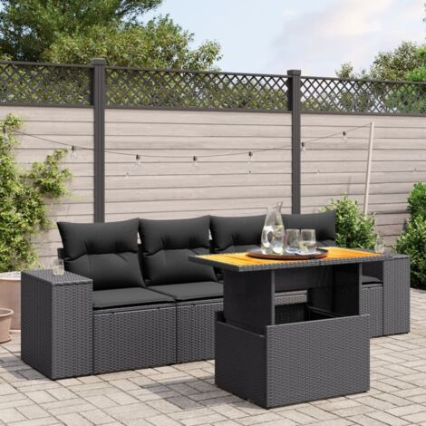 Ensemble Salon Jardin 5 Places Noir Résine Tressée avec Coussins - Table Réglable Hauteur, Mobilier Extérieur Modulaire (1/3)