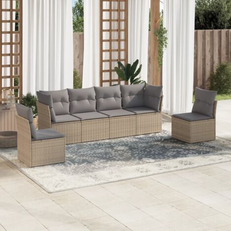 Ensemble Salon Jardin 6 Places Résine Tressée Beige avec Coussins Gris Modulaire (1/3)