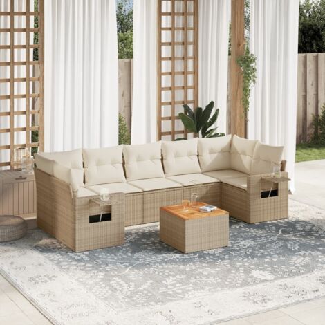 Salon de Jardin 8 Places en Résine Tressée Beige avec Coussins - Ensemble Modulaire avec Table Acacia (1/5)
