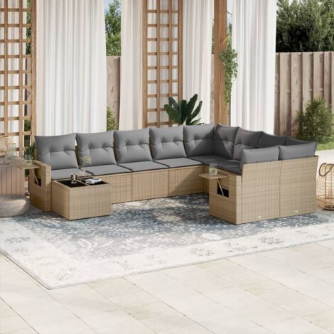 Ensemble Salon Jardin 10 Places Résine Tressée Beige avec Coussins Gris Modulaire Stockage (1/3)