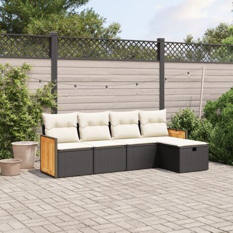 Ensemble Salon Jardin 5 Places Noir Résine Tressée avec Coussins Crème - Meuble Extérieur Modulaire Acier Powder Coating (1/4)