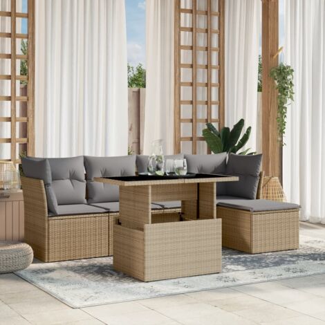 Ensemble de jardin 6 places en résine tressée beige avec coussins gris, table réglable et repose-pieds (1/4)