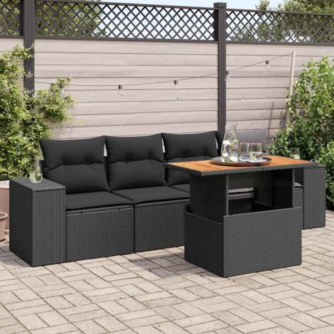 Ensemble Salon Jardin 5 Places Noir Résine Tressée avec Coussins - Table Réglable et Espaces Rangement (1/4)