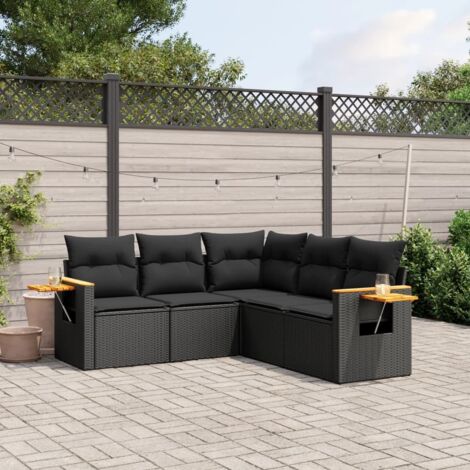 Ensemble Salon Jardin 5 Places Résine Tressée Noir avec Coussins - Canapé d'Angle, Sièges Centraux et Accoudoirs avec Table (1/4)