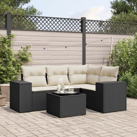 Ensemble Salon Jardin 5 Places Noir Résine Tressée avec Coussins Crème et Table Verre Trempé (1/4)