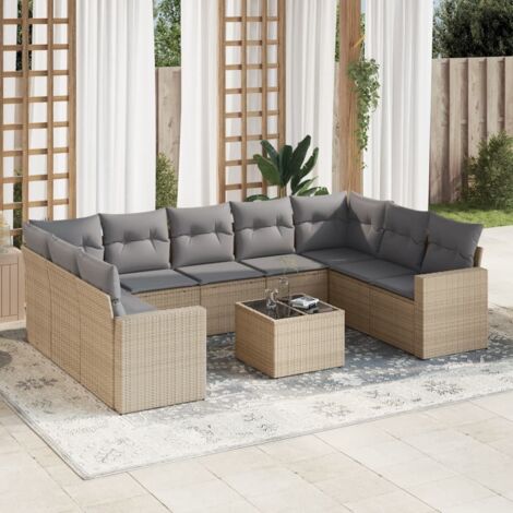 Ensemble Salon Jardin 10 Places Résine Tressée Beige avec Coussins Gris, Table Verre Trempé, Modulaire et Rangement (1/3)