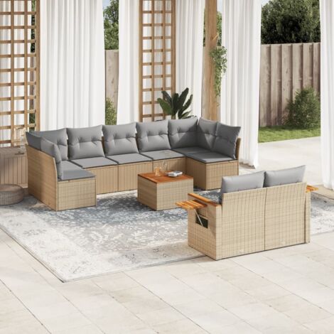 Ensemble Salon Jardin 10 Places Résine Tressée Beige avec Coussins Gris - Canapés Modulaires, Table Acacia et Housses Lavables (1/4)
