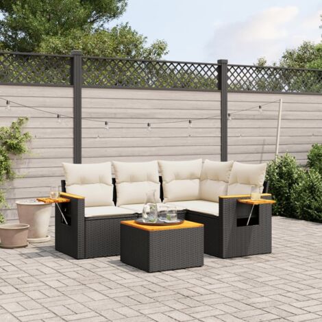 Salon de Jardin 5 Places en Résine Tressée Noir avec Coussins Crème - Ensemble Modulaire avec Table et Fonction Rangement (1/3)