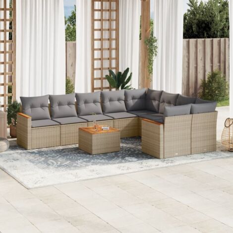 Ensemble Salon Jardin 10 Places Résine Tressée Beige avec Coussins Gris, Table Acacia, Modulaire, Rangement Intégré (1/3)