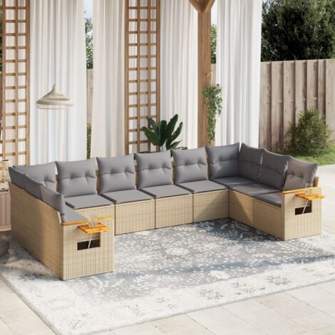 Ensemble Salon Jardin 10 Places Résine Tressée Beige avec Coussins Gris Modulable (1/4)