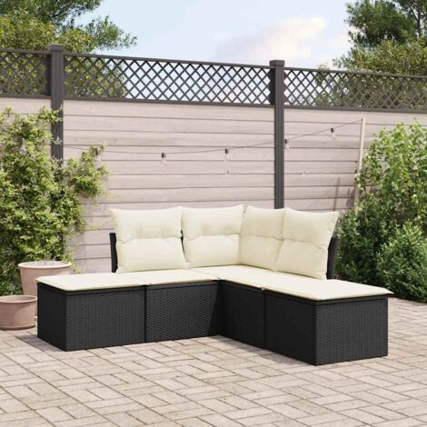 Ensemble Salon Jardin 5 Places Noir Résine Tressée avec Coussins Crème - 2 Sièges Centraux + 1 Coin + 2 Tabourets (1/3)
