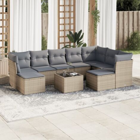 Ensemble Salon Jardin 10 Places Résine Tressée Beige avec Coussins Gris - Table Verre Trempé, Meuble Extérieur Modulaire (1/3)