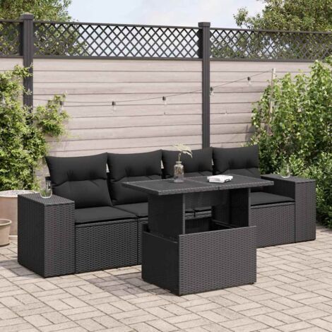 Ensemble Salon Jardin 5 Places Noir Résine Tressée avec Coussins - Table Réglable et Espace Rangement (1/4)