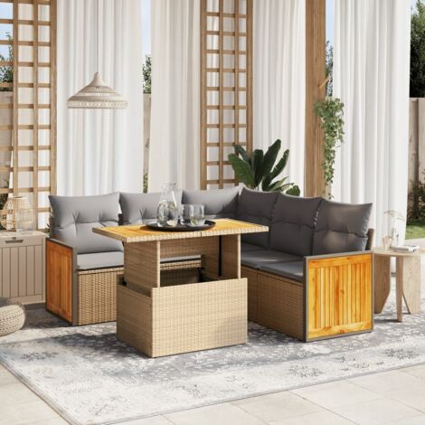 Ensemble de jardin 6 places en résine tressée beige avec table extensible et coussins lavables (1/3)