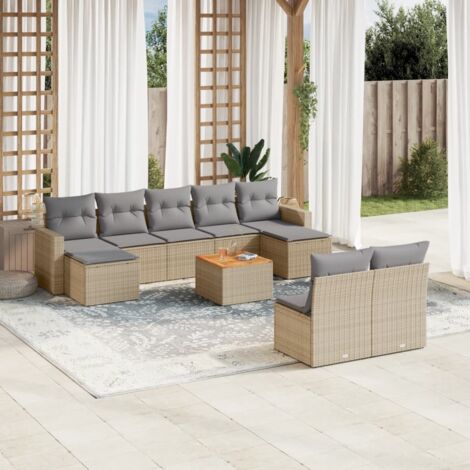 Ensemble Salon Jardin 10 Places Résine Tressée Beige avec Coussins Gris - Table Acacia, Modulaire (1/3)