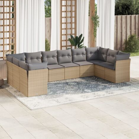 Ensemble Salon Jardin 10 Places Résine Tressée Beige avec Coussins Gris Modulable Rangement Intégré (1/3)