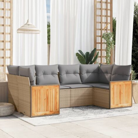 Ensemble Salon Jardin 6 Places Résine Tressée Beige avec Coussins Gris Modulaire (1/4)