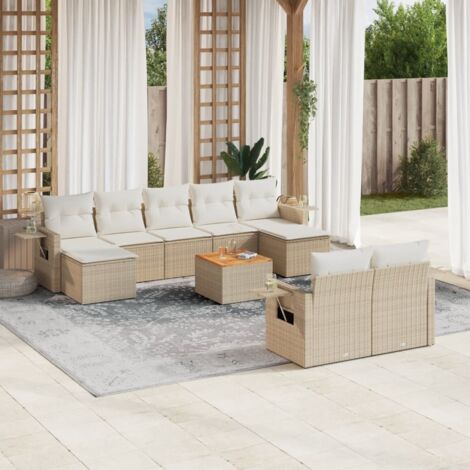 Ensemble Salon Jardin 10 Places Résine Tressée Beige avec Coussins Crème, Tables d'Appoint et Espaces Rangement (1/3)