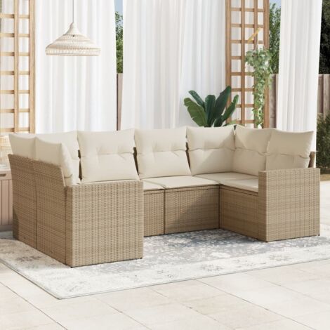 Ensemble Salon Jardin 6 Places Résine Tressée Beige avec Coussins et Rangement Modulaire (1/3)