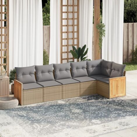 Salon de Jardin 6 Places en Résine Tressée Beige avec Coussins Gris, Stockage Intégré et Housse Lavable (1/3)