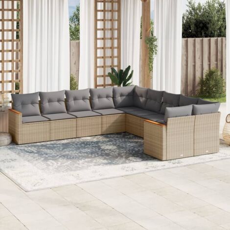 Ensemble Salon Jardin 10 Places Résine Tressée Beige avec Coussins Gris Modulable Rangement Intégré (1/3)