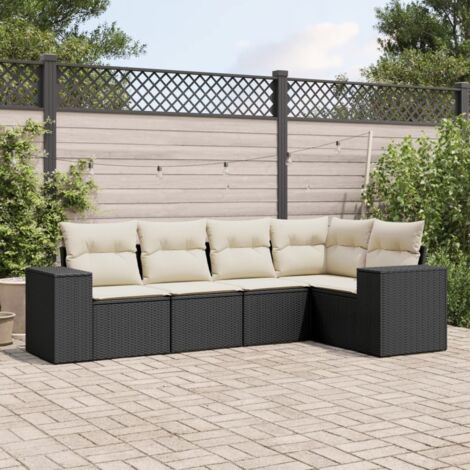 Ensemble Salon Jardin 5 Places Noir Résine Tressée avec Coussins Crème - Canapé d'Angle Modulaire (1/4)