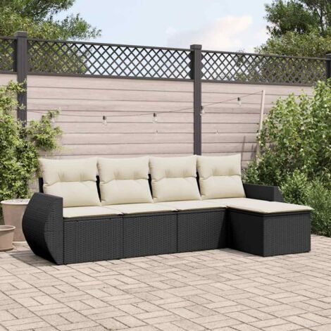 Ensemble Salon Jardin 5 Places Noir Résine Tressée avec Coussins Crème - Canapé d'Angle Modulaire avec Rangement Intégré (1/3)