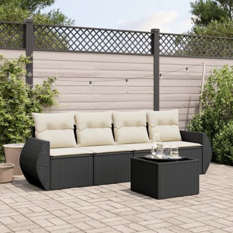 Ensemble de Jardin 5 Places Noir Résine Tressée avec Table Verre Trempé et Coussins Crème (1/3)