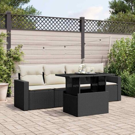 Ensemble Salon Jardin 5 Places Résine Tressée Noir avec Coussins Crème - Table Réglable Hauteur, Meuble Extérieur Modulaire (1/4)